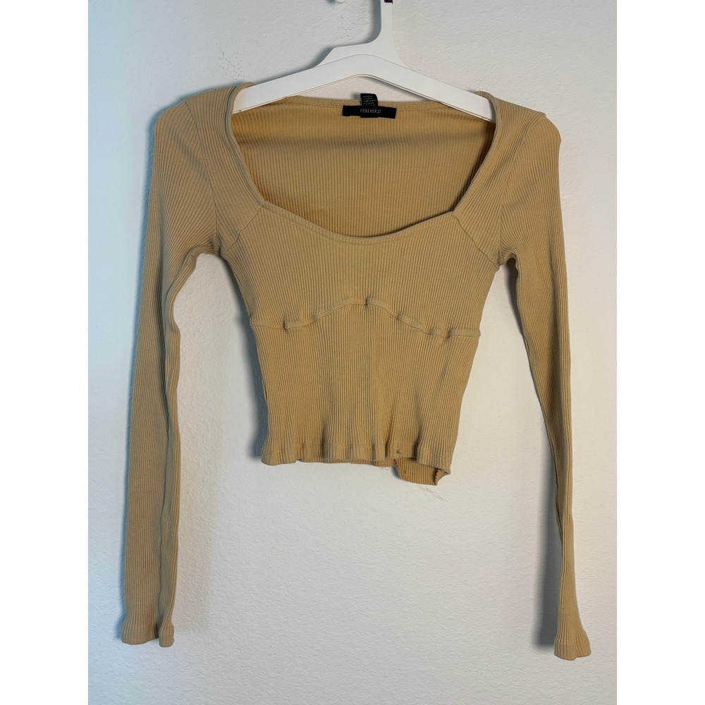 Forever 21 Tan Ribbed‎ Sweetheart Neck Long Sleeve Crop Top Medium